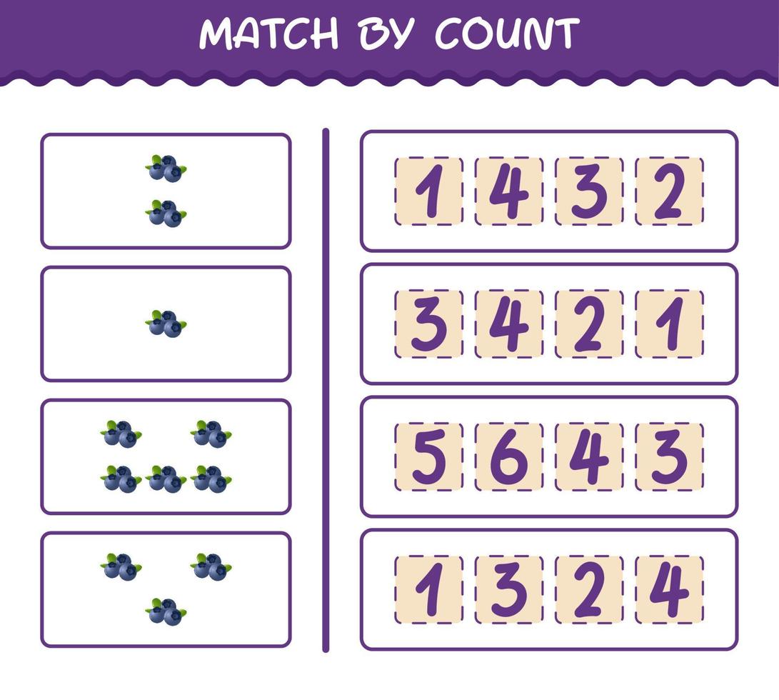 Match by count of cartoon blueberry. Match and count game. Educational game for pre shool years kids and toddlers vector