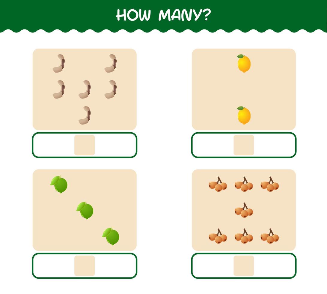 How many cartoon fruits. Counting game. Educational game for pre shool years kids and toddlers vector