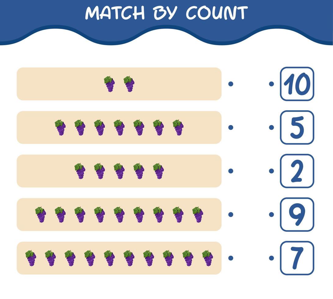Match by count of cartoon grape. Match and count game. Educational game for pre shool years kids and toddlers vector