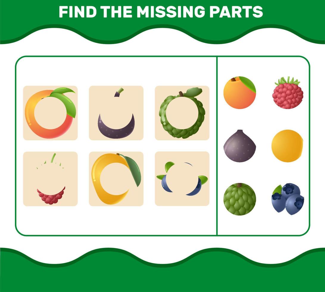 Find the missing parts of cartoon fruits. Searching game. Educational game for pre shool years kids and toddlers vector