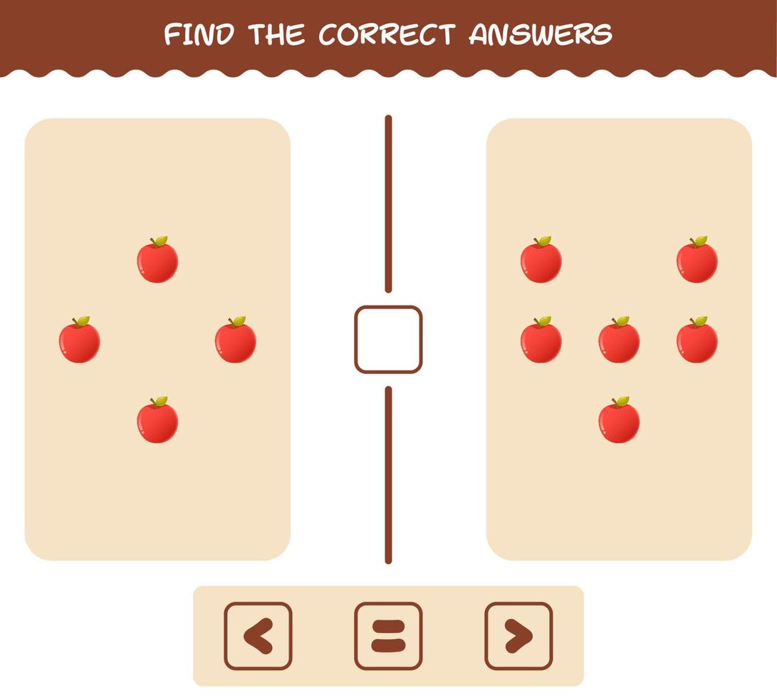 encuentra las respuestas correctas de la manzana de dibujos animados. Juego de buscar y contar. juego educativo para niños y niños pequeños en edad preescolar vector