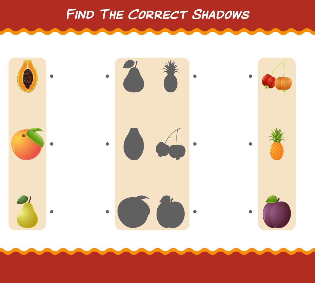 Find the correct shadows of cartoon fruits. Searching and Matching game. Educational game for pre shool years kids and toddlers vector