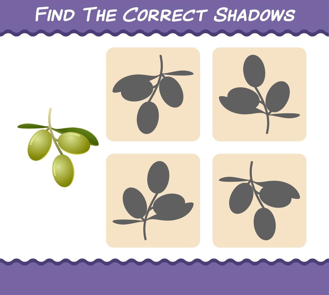 Find the correct shadows of cartoon olives. Searching and Matching game. Educational game for pre shool years kids and toddlers vector