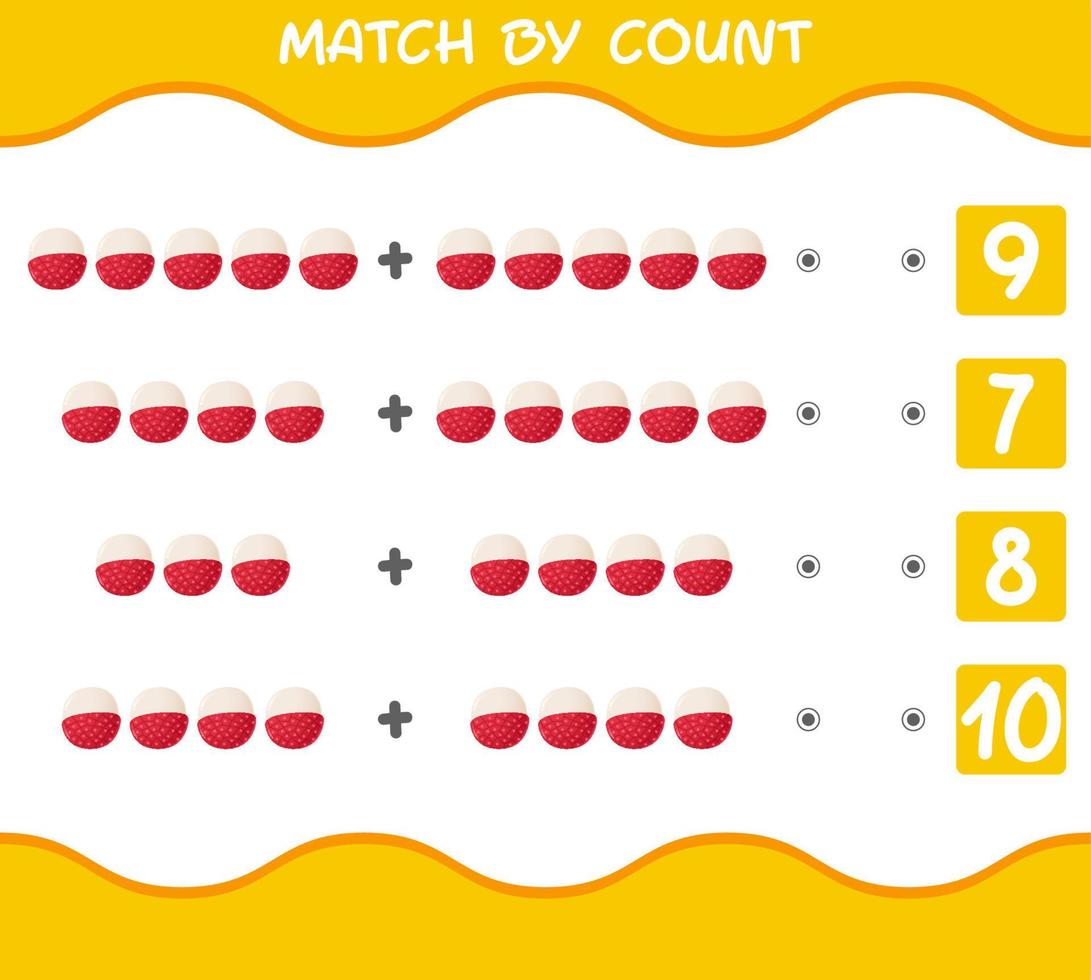 Match by count of cartoon lychees. Match and count game. Educational game for pre shool years kids and toddlers vector
