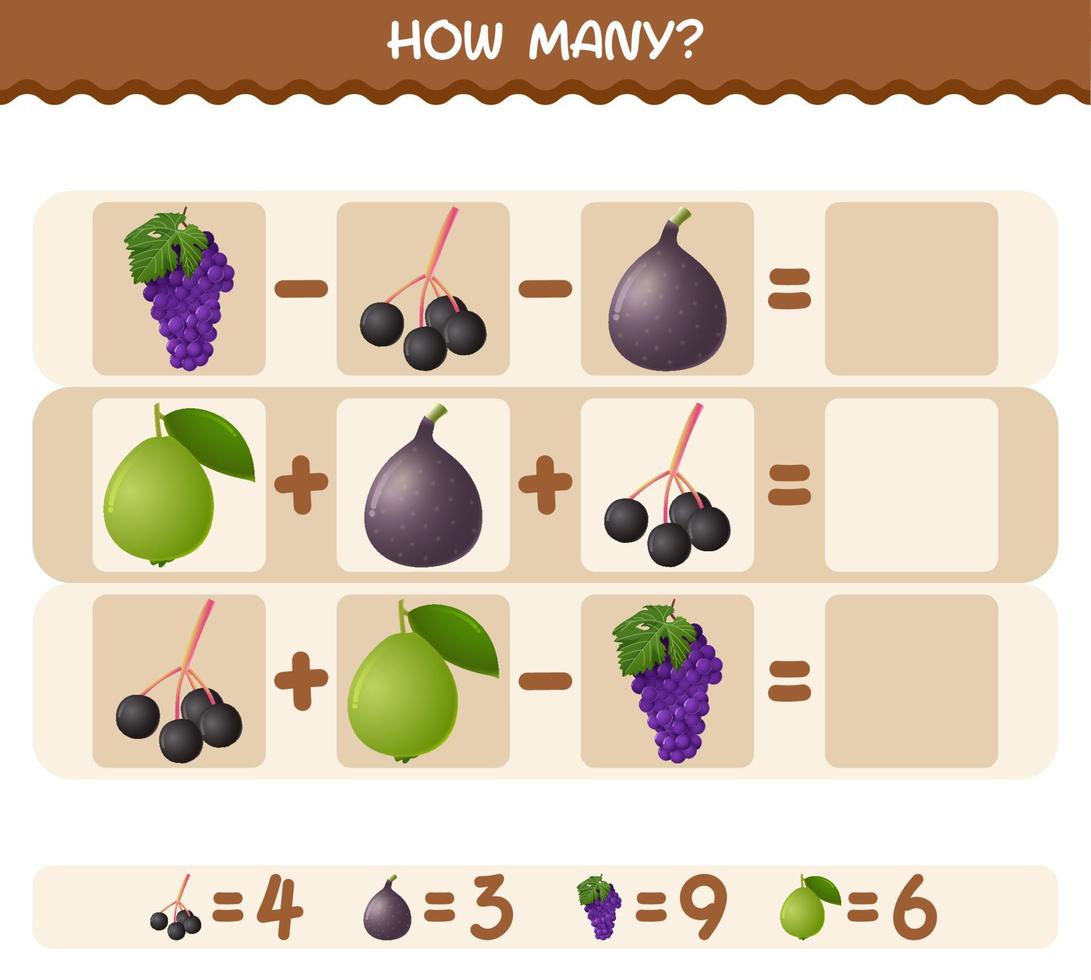 How many cartoon fruits. Counting game. Educational game for pre shool years kids and toddlers vector