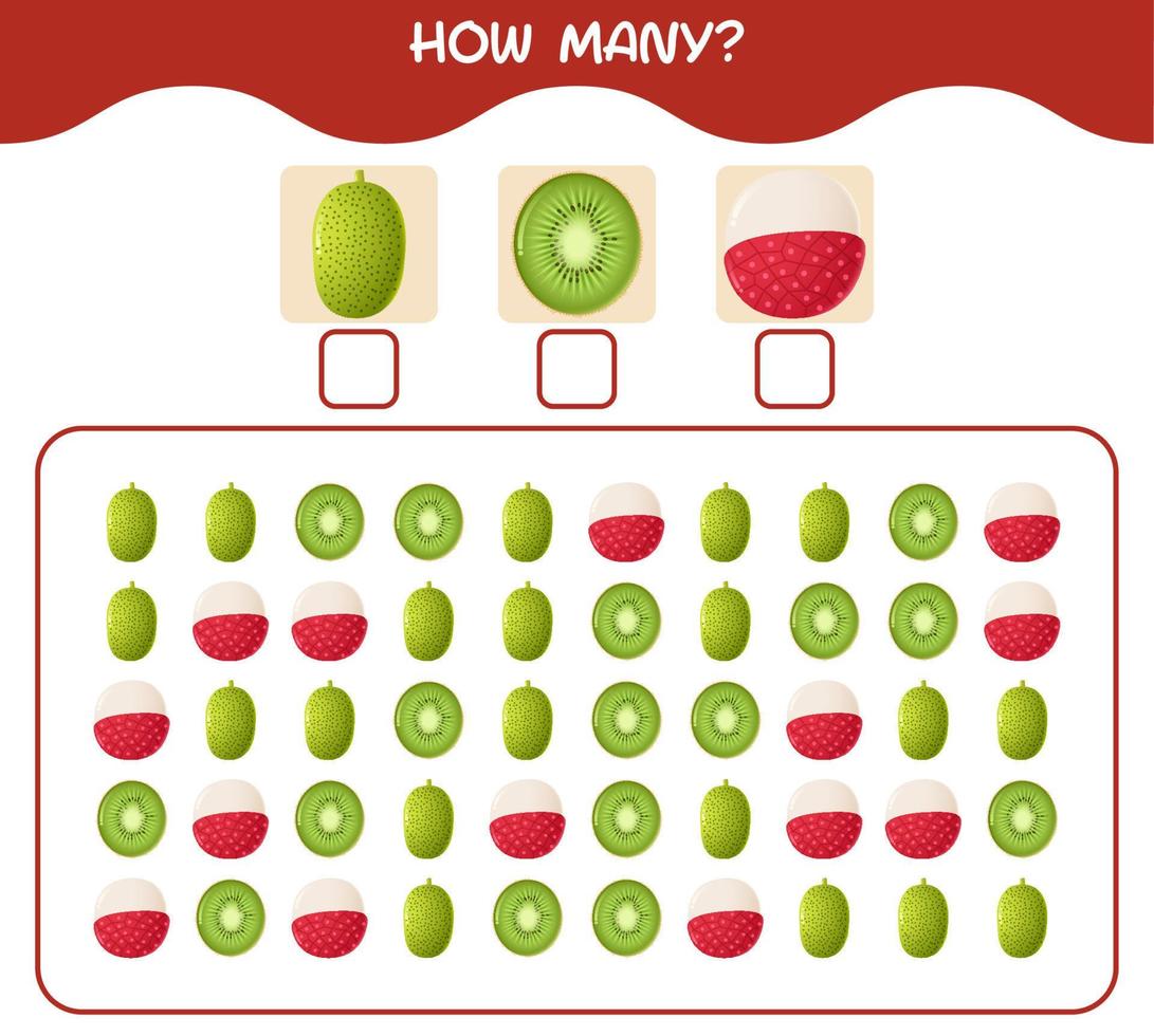 How many cartoon fruits. Counting game. Educational game for pre shool years kids and toddlers vector