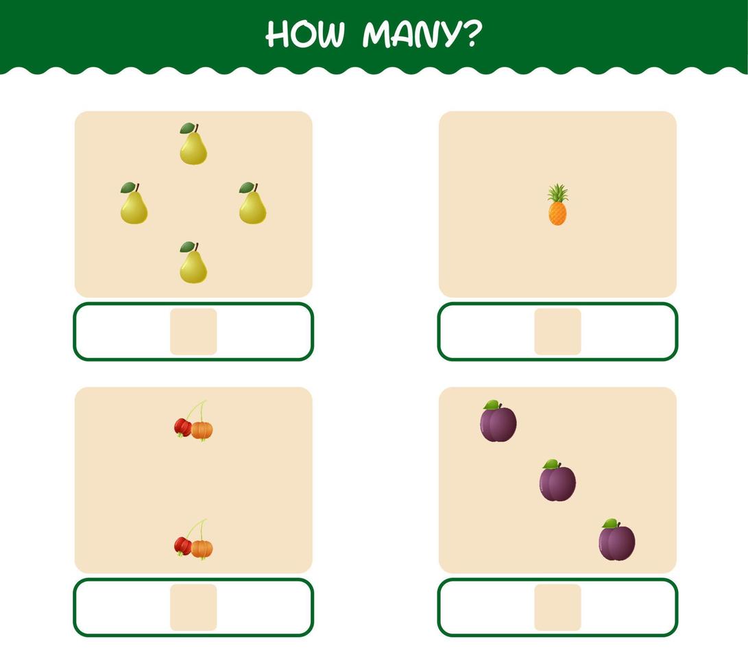 cuántas frutas de dibujos animados. juego de conteo juego educativo para niños y niños pequeños en edad preescolar vector