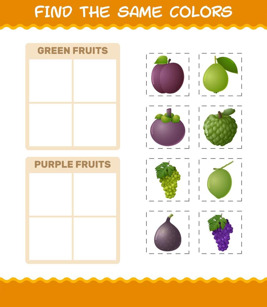 Find the same colors of fruits. Searching and Matching game. Educational game for pre shool years kids and toddlers vector