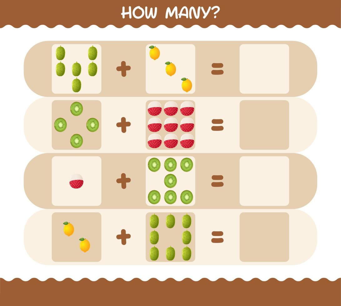 How many cartoon fruits. Counting game. Educational game for pre shool years kids and toddlers vector