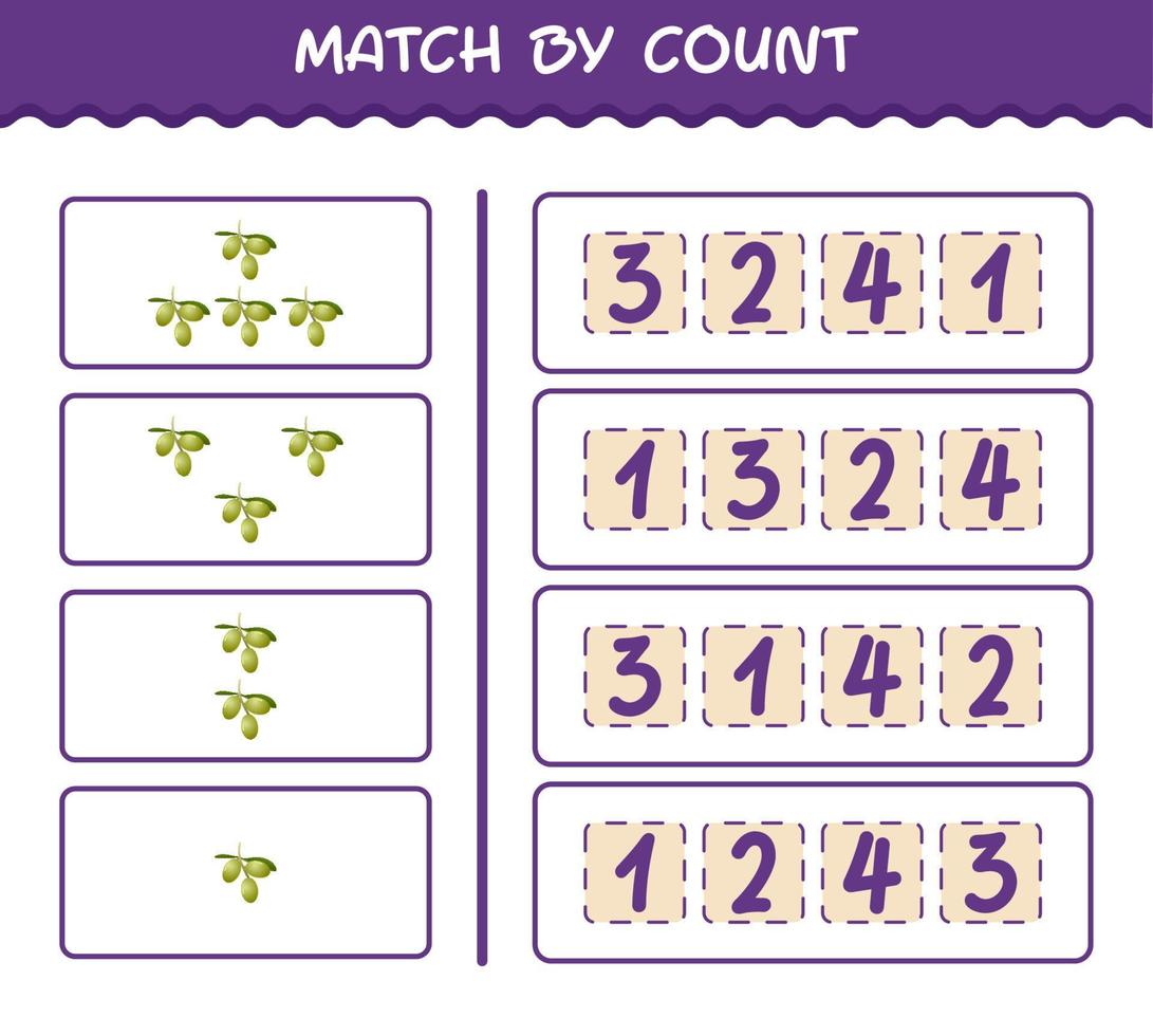 Match by count of cartoon olive. Match and count game. Educational game for pre shool years kids and toddlers vector