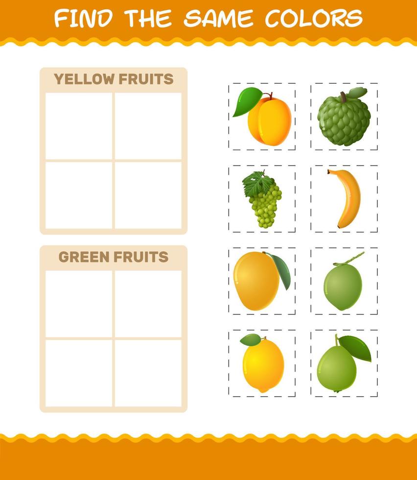 Find the same colors of fruits. Searching and Matching game. Educational game for pre shool years kids and toddlers vector