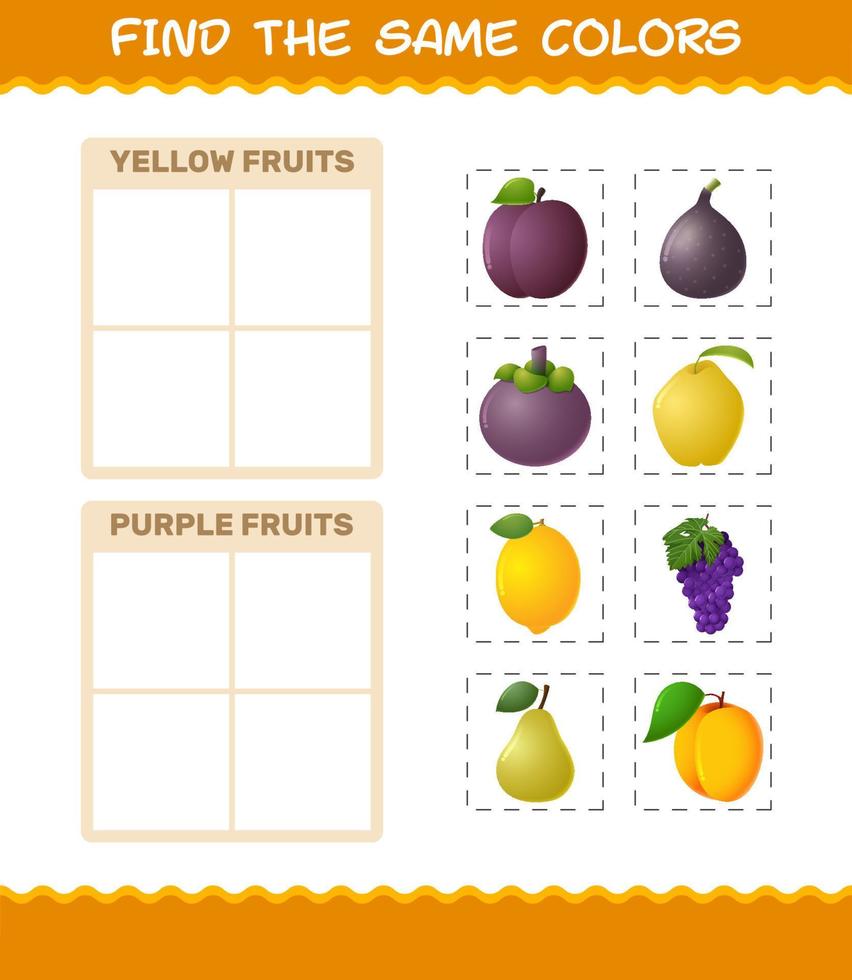 Find the same colors of fruits. Searching and Matching game. Educational game for pre shool years kids and toddlers vector