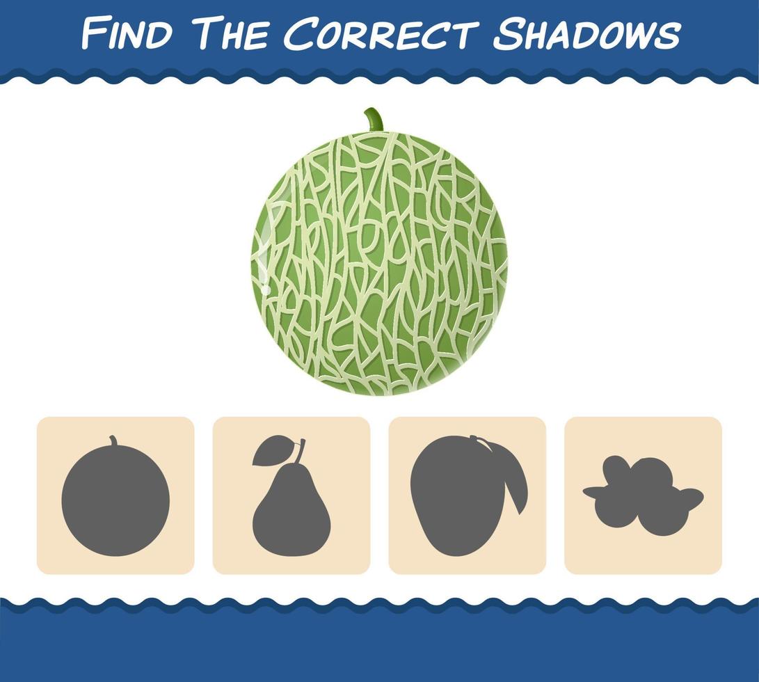 encuentra las sombras correctas de los melones de dibujos animados. juego de búsqueda y emparejamiento. juego educativo para niños y niños pequeños en edad preescolar vector