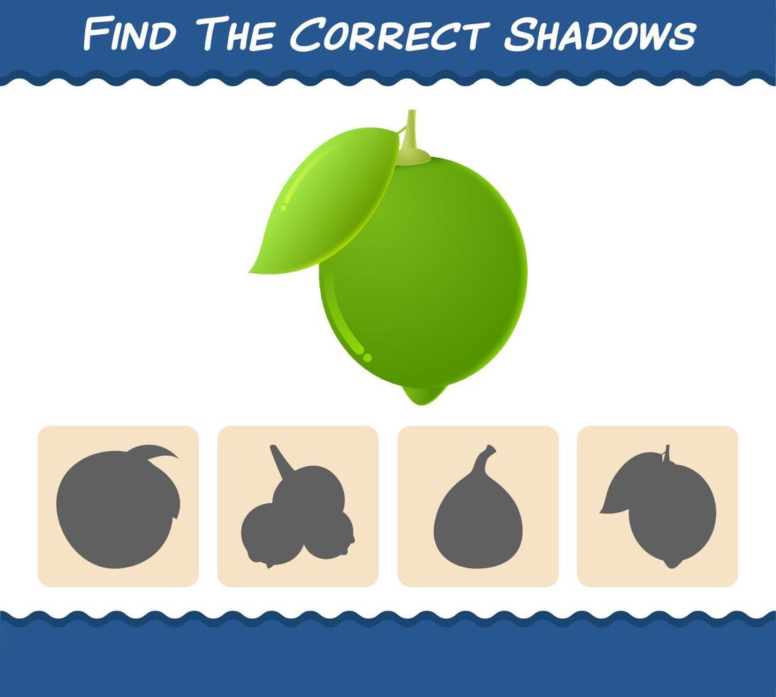 Find the correct shadows of cartoon limes. Searching and Matching game. Educational game for pre shool years kids and toddlers vector