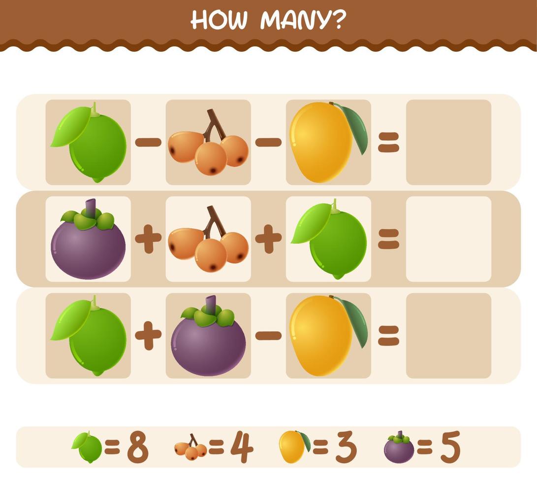 How many cartoon fruits. Counting game. Educational game for pre shool years kids and toddlers vector