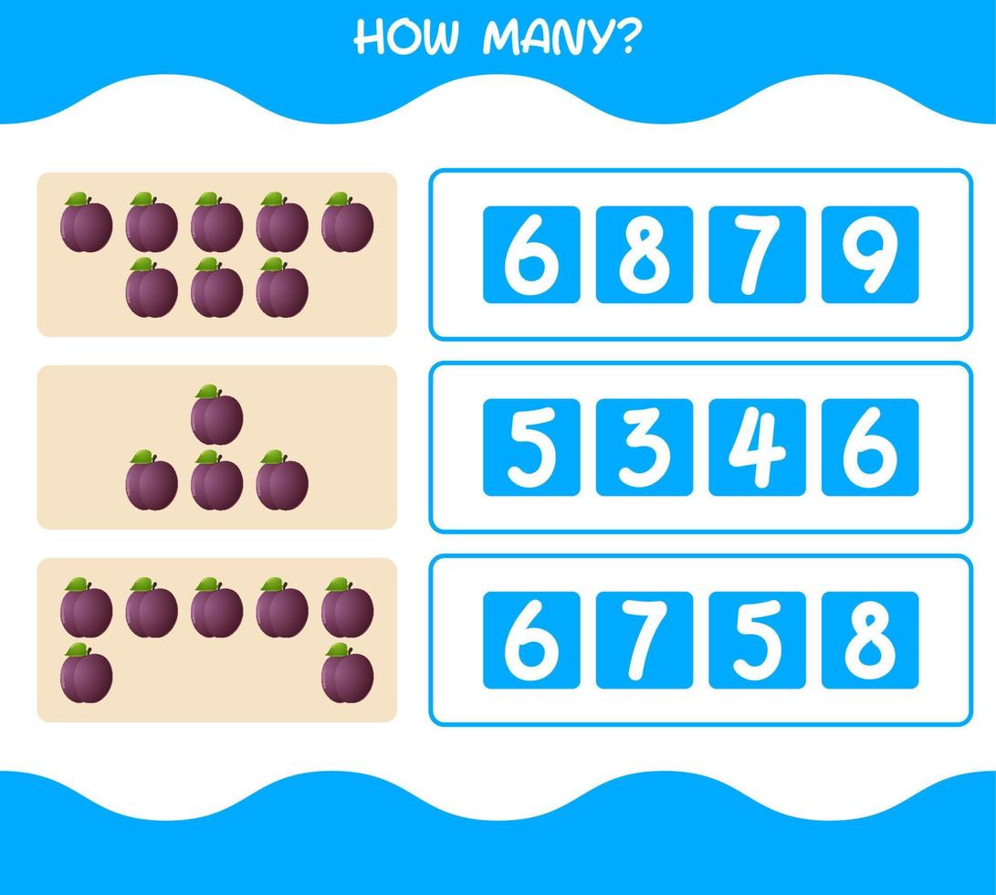 How many cartoon plum. Counting game. Educational game for pre shool years kids and toddlers vector