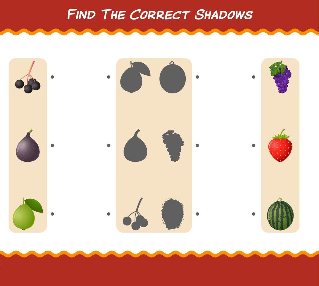 Find the correct shadows of cartoon fruits. Searching and Matching game. Educational game for pre shool years kids and toddlers vector