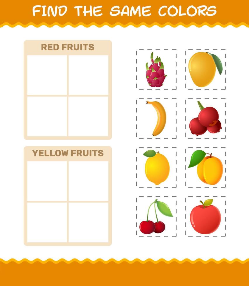 Find the same colors of fruits. Searching and Matching game. Educational game for pre shool years kids and toddlers vector