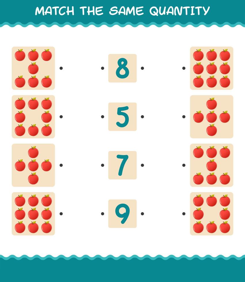 Match the same quantity of apple. Counting game. Educational game for pre shool years kids and toddlers vector