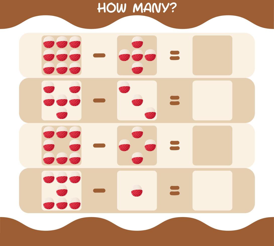 How many cartoon lychee. Counting game. Educational game for pre shool years kids and toddlers vector