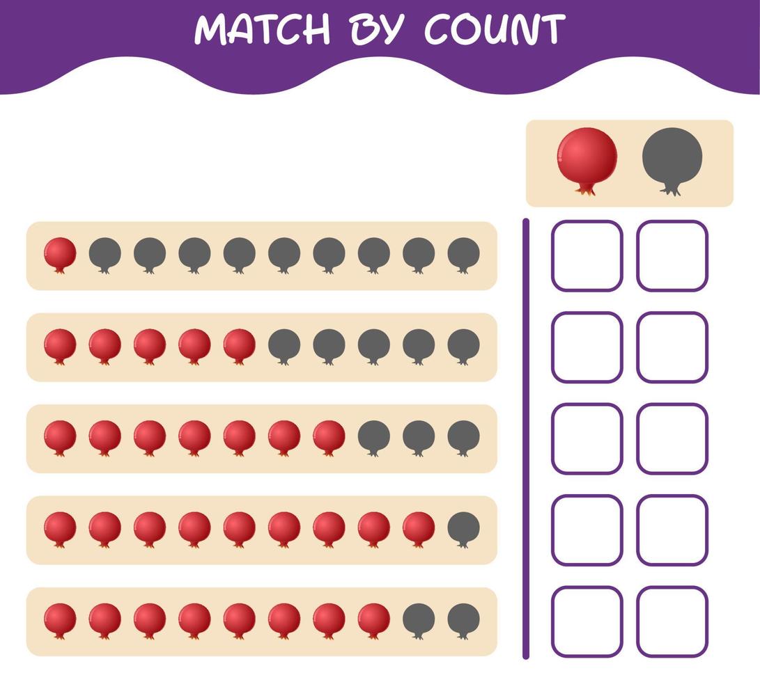 Match by count of cartoon pomegranate. Match and count game. Educational game for pre shool years kids and toddlers vector