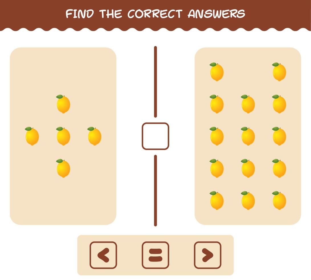 Find the correct answers of cartoon lemon. Searching and Counting game. Educational game for pre shool years kids and toddlers vector