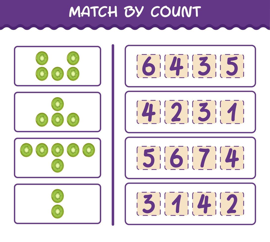 Match by count of cartoon kiwi. Match and count game. Educational game for pre shool years kids and toddlers vector