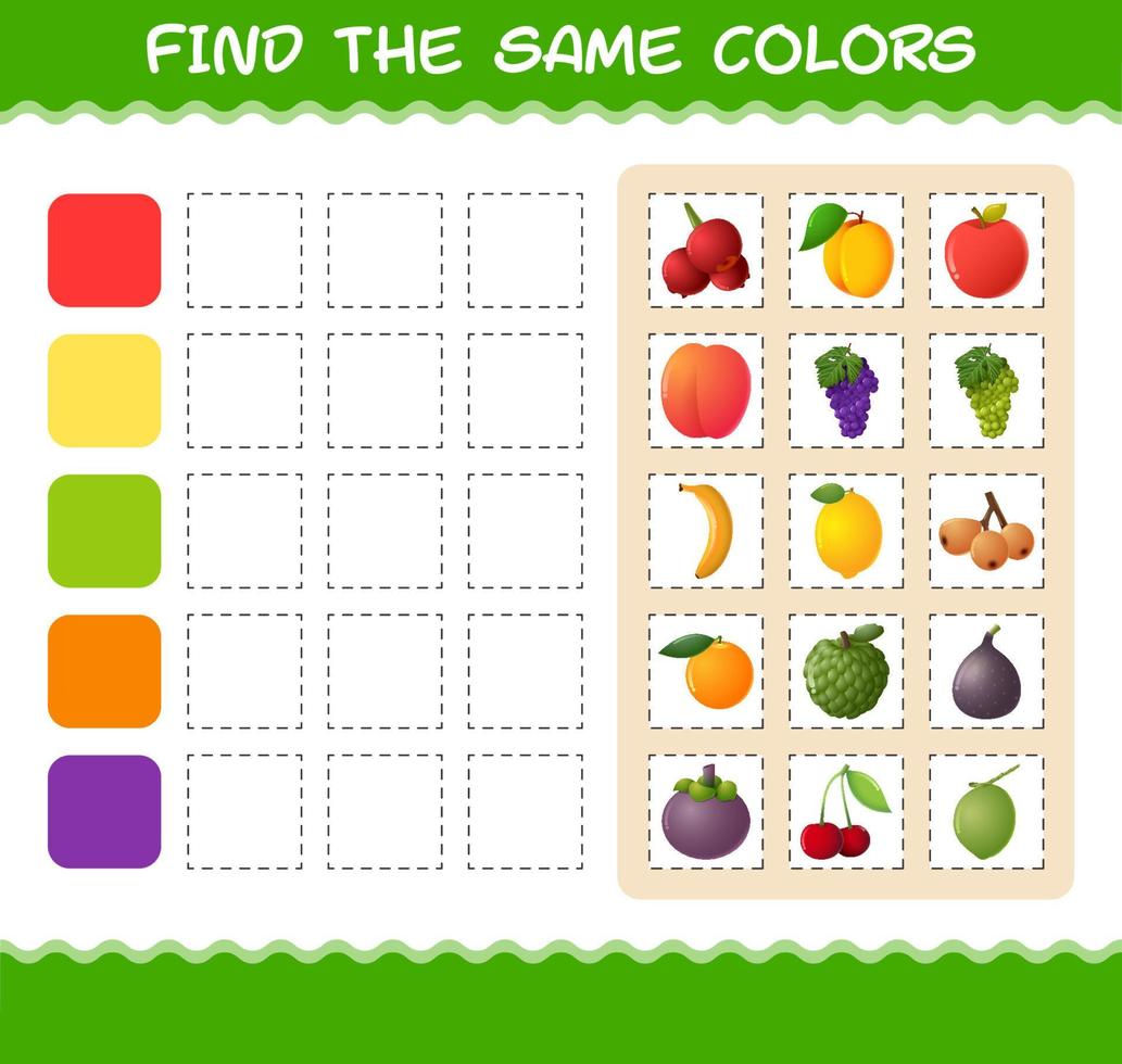 Find the same colors of fruits. Searching and Matching game. Educational game for pre shool years kids and toddlers vector