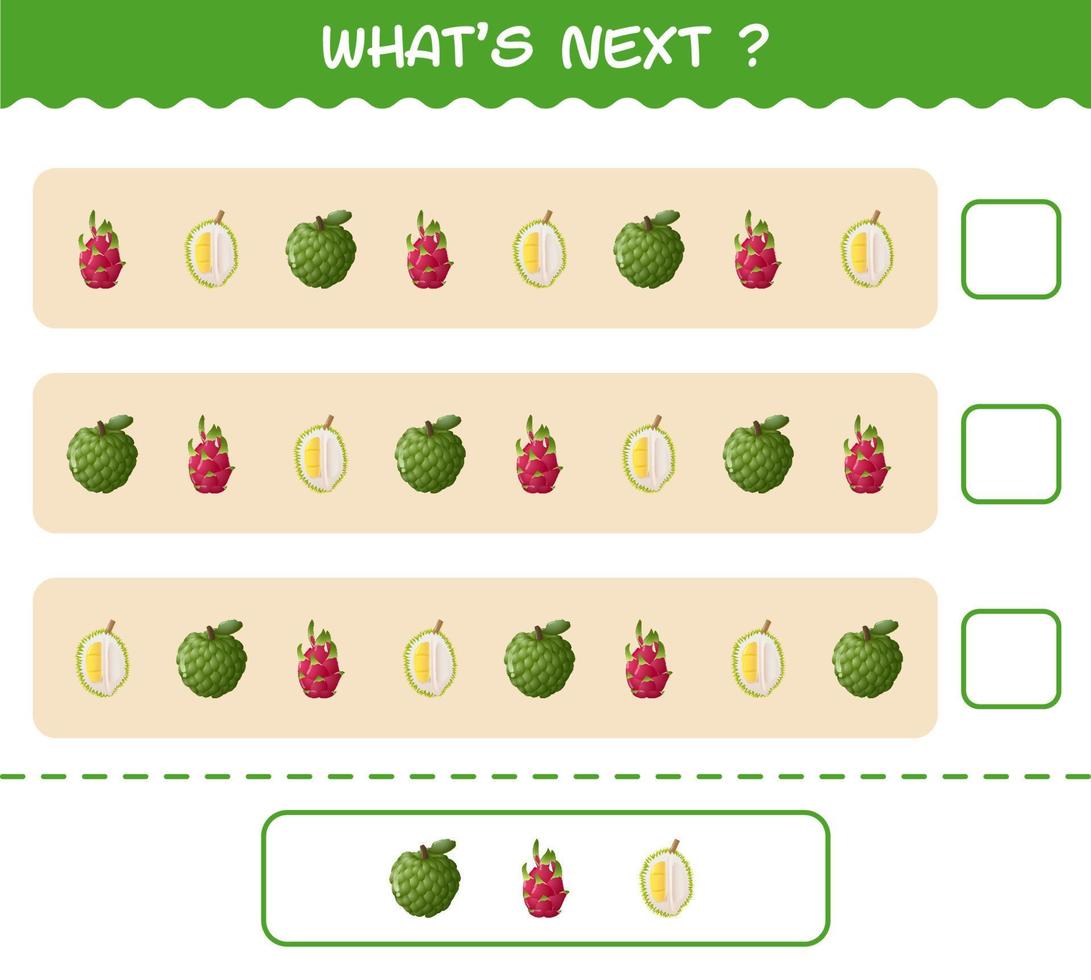 ¿Qué viene después? Juego educativo de frutas de dibujos animados. encuentre la regularidad y continúe la tarea de la fila. juego educativo para niños y niños pequeños en edad preescolar vector