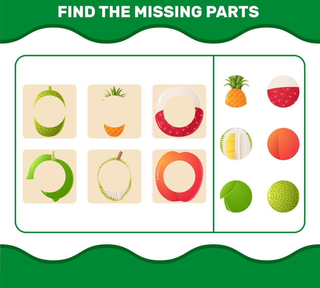 Find the missing parts of cartoon fruits. Searching game. Educational game for pre shool years kids and toddlers vector
