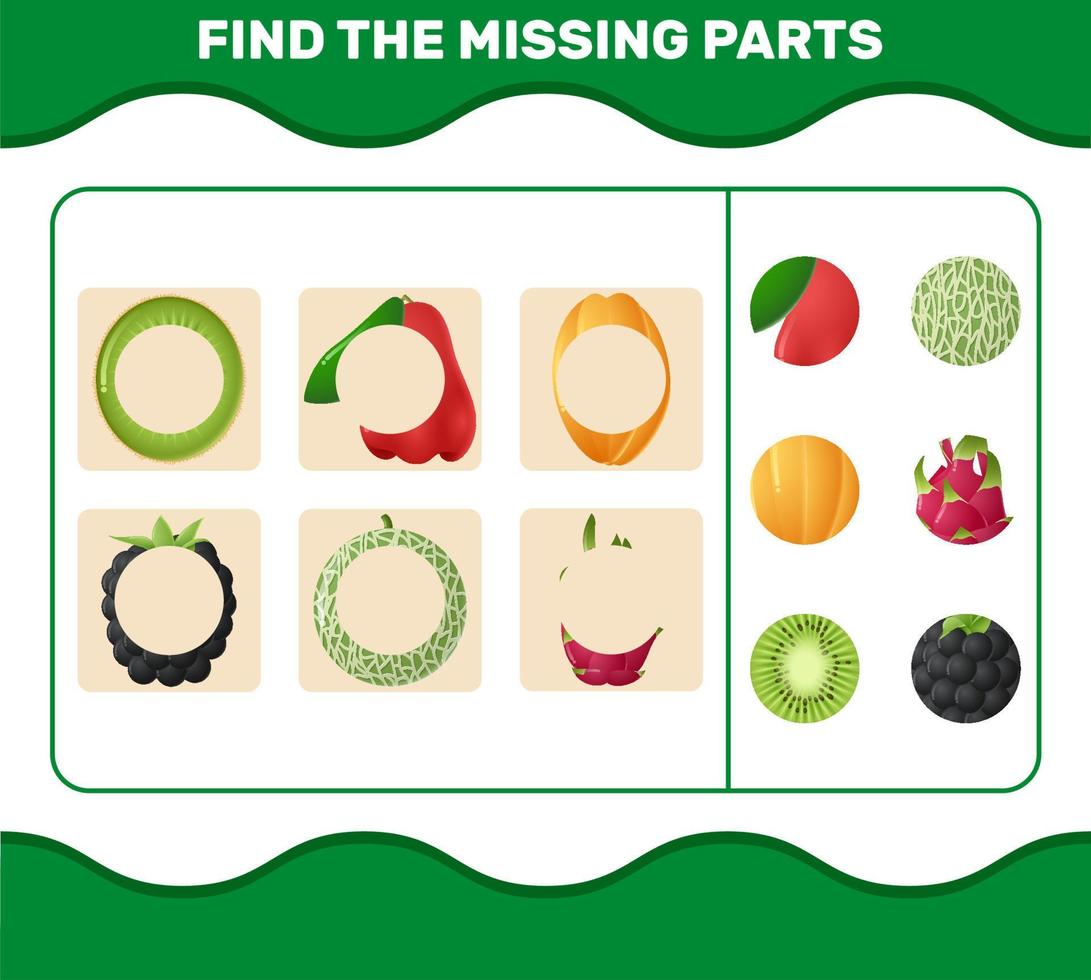 Find the missing parts of cartoon fruits. Searching game. Educational game for pre shool years kids and toddlers vector