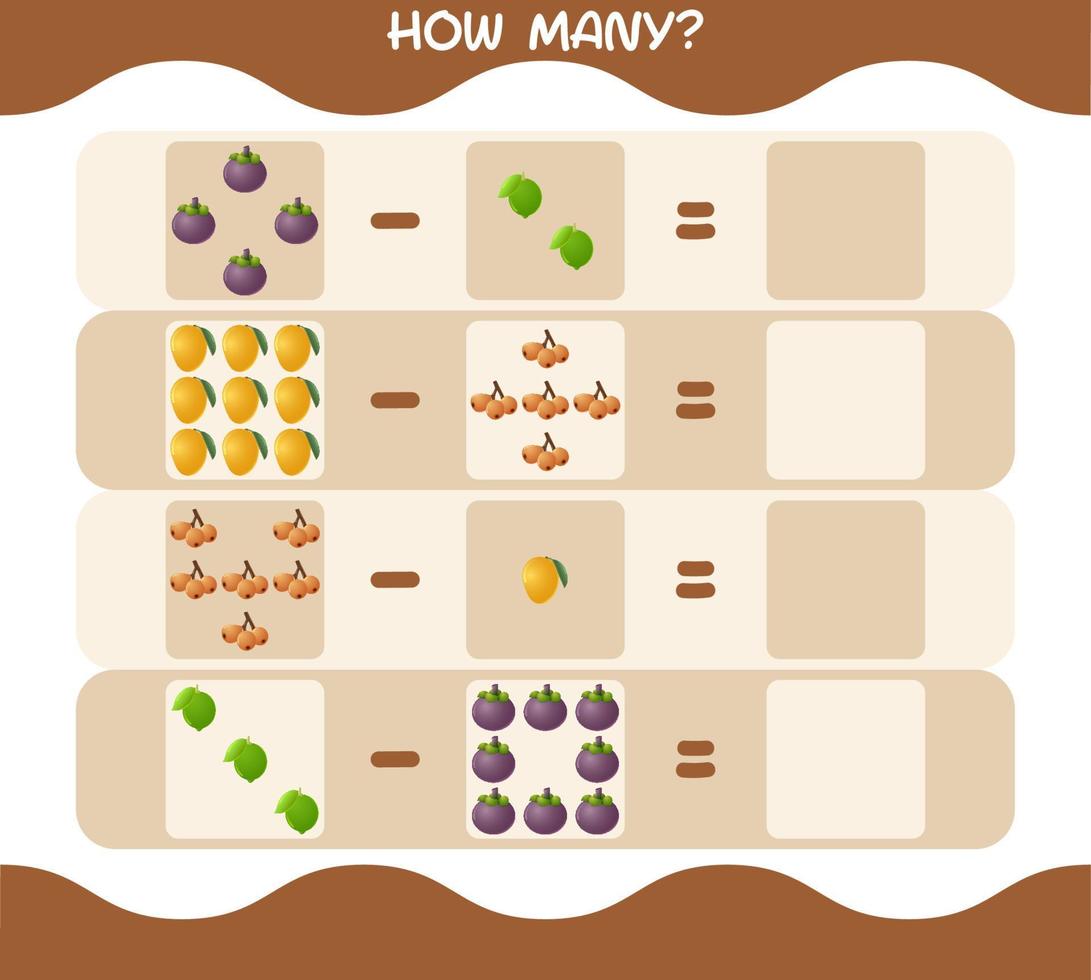 How many cartoon fruits. Counting game. Educational game for pre shool years kids and toddlers vector