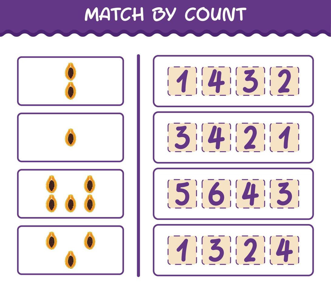 Match by count of cartoon papaya. Match and count game. Educational game for pre shool years kids and toddlers vector