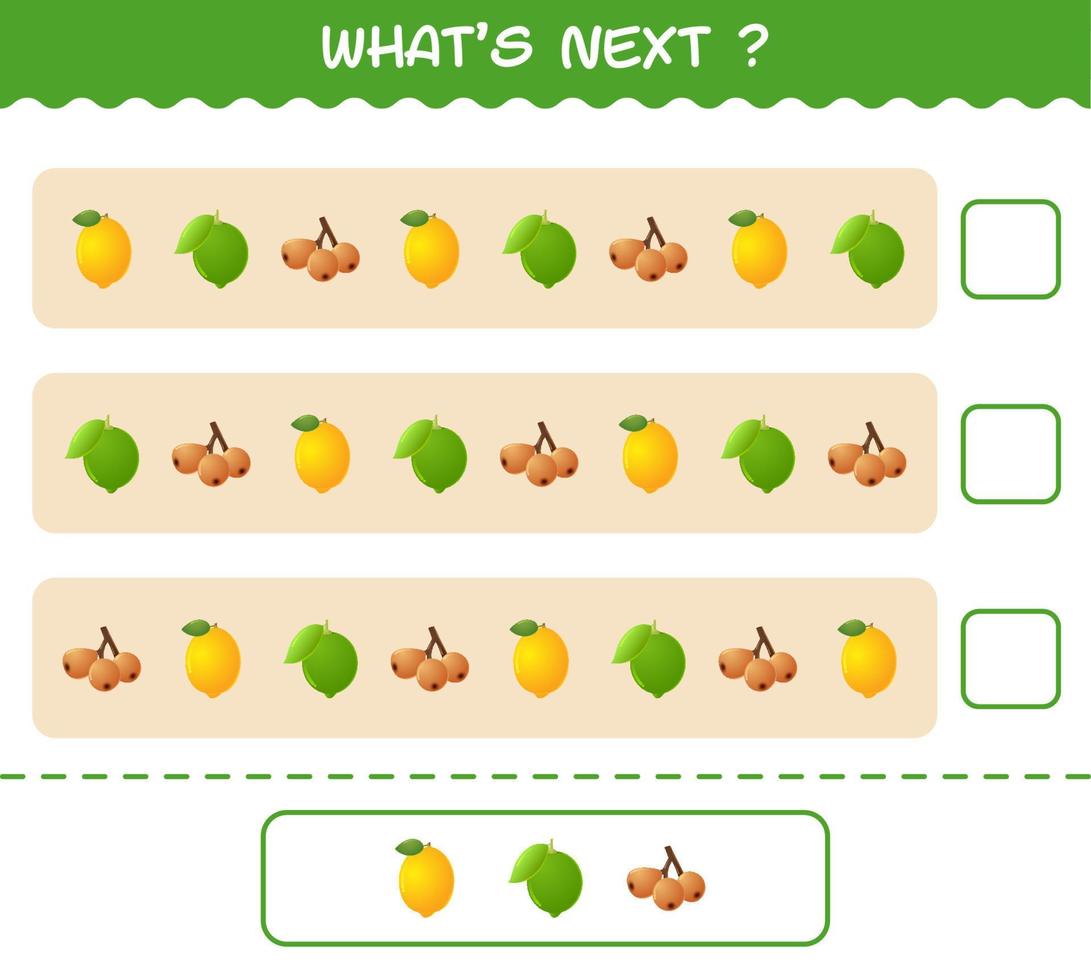 ¿Qué viene después? Juego educativo de frutas de dibujos animados. encuentre la regularidad y continúe la tarea de la fila. juego educativo para niños y niños pequeños en edad preescolar vector