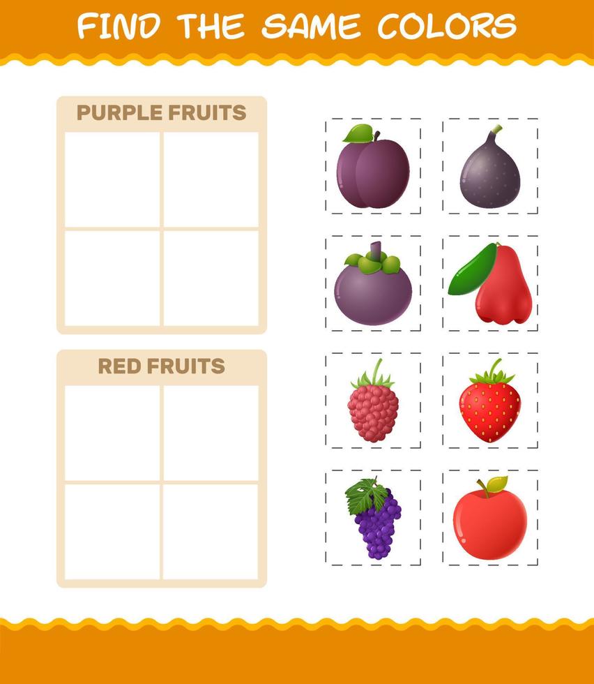 Find the same colors of fruits. Searching and Matching game. Educational game for pre shool years kids and toddlers vector