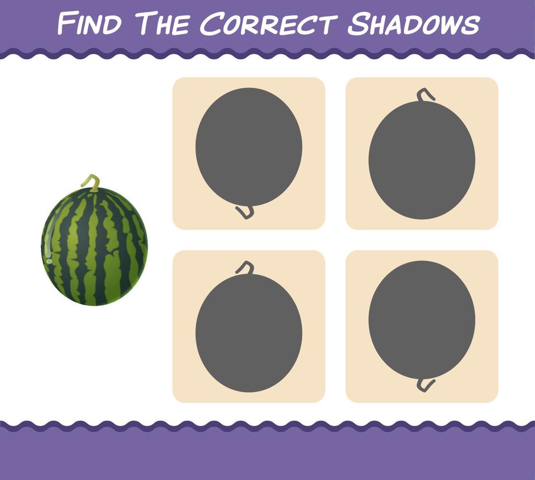 Find the correct shadows of cartoon watermelons. Searching and Matching game. Educational game for pre shool years kids and toddlers vector