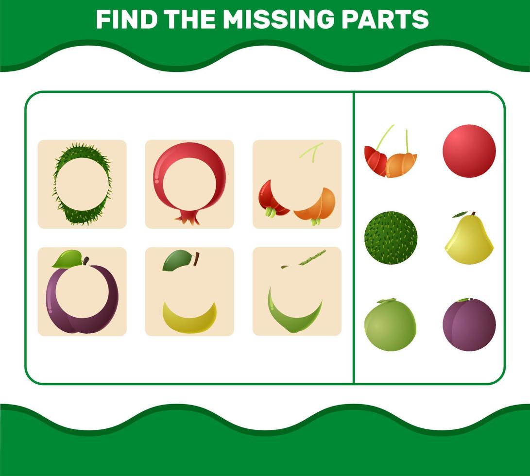 Find the missing parts of cartoon fruits. Searching game. Educational game for pre shool years kids and toddlers vector