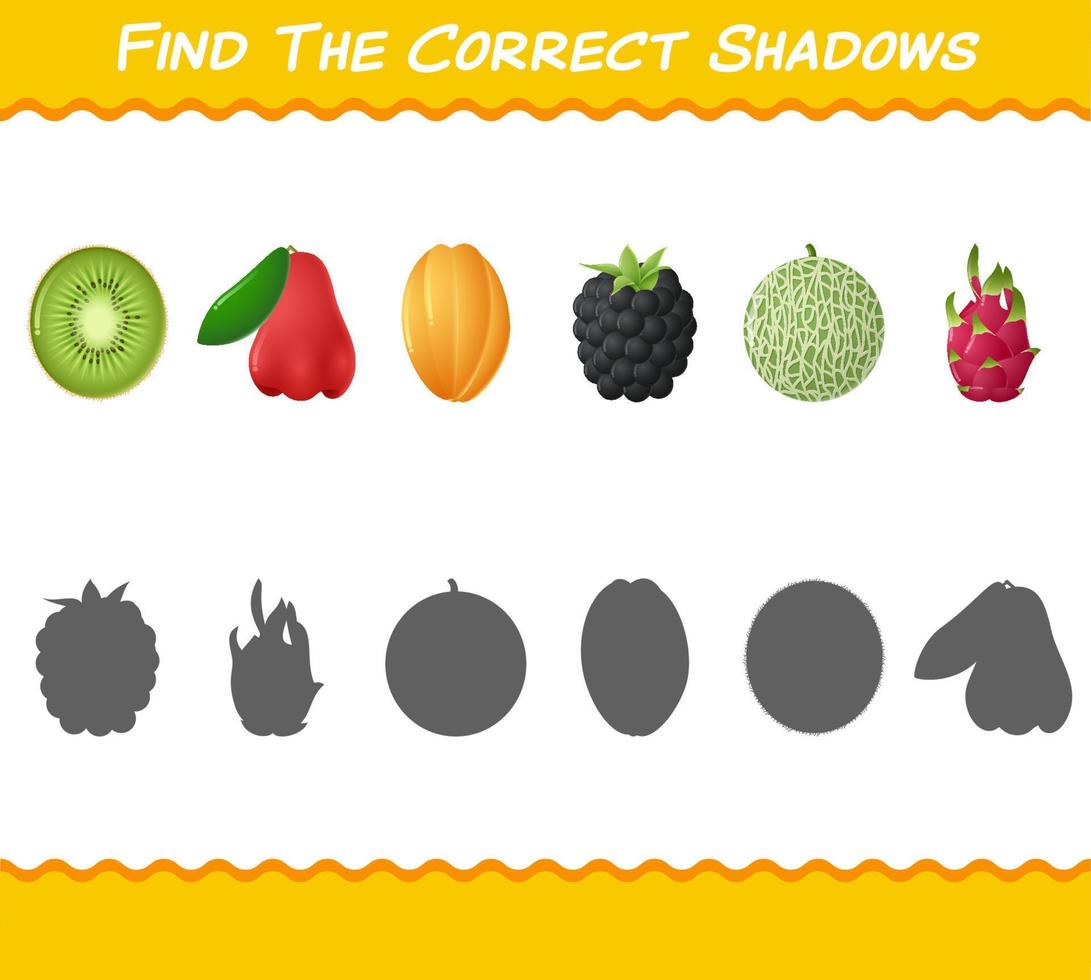 encuentra las sombras correctas de las frutas de dibujos animados. juego de búsqueda y combinación. juego educativo para niños de edad preescolar y niños pequeños vector