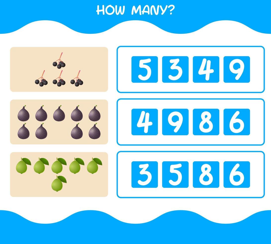 How many cartoon fruits. Counting game. Educational game for pre shool years kids and toddlers vector