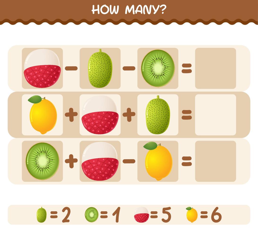 How many cartoon fruits. Counting game. Educational game for pre shool years kids and toddlers vector