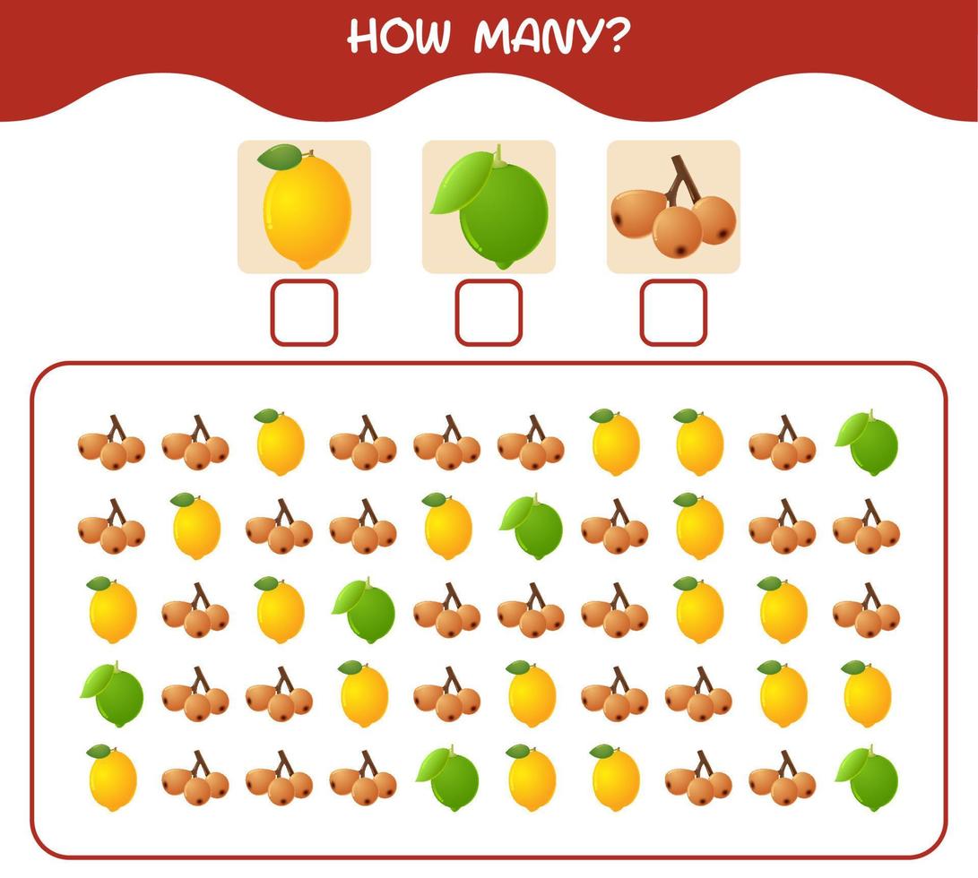 How many cartoon fruits. Counting game. Educational game for pre shool years kids and toddlers vector