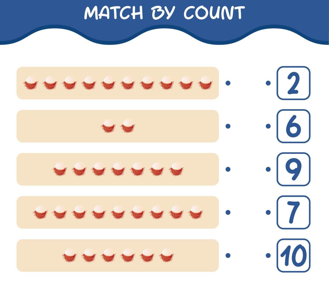 Match by count of cartoon rambutan. Match and count game. Educational game for pre shool years kids and toddlers vector