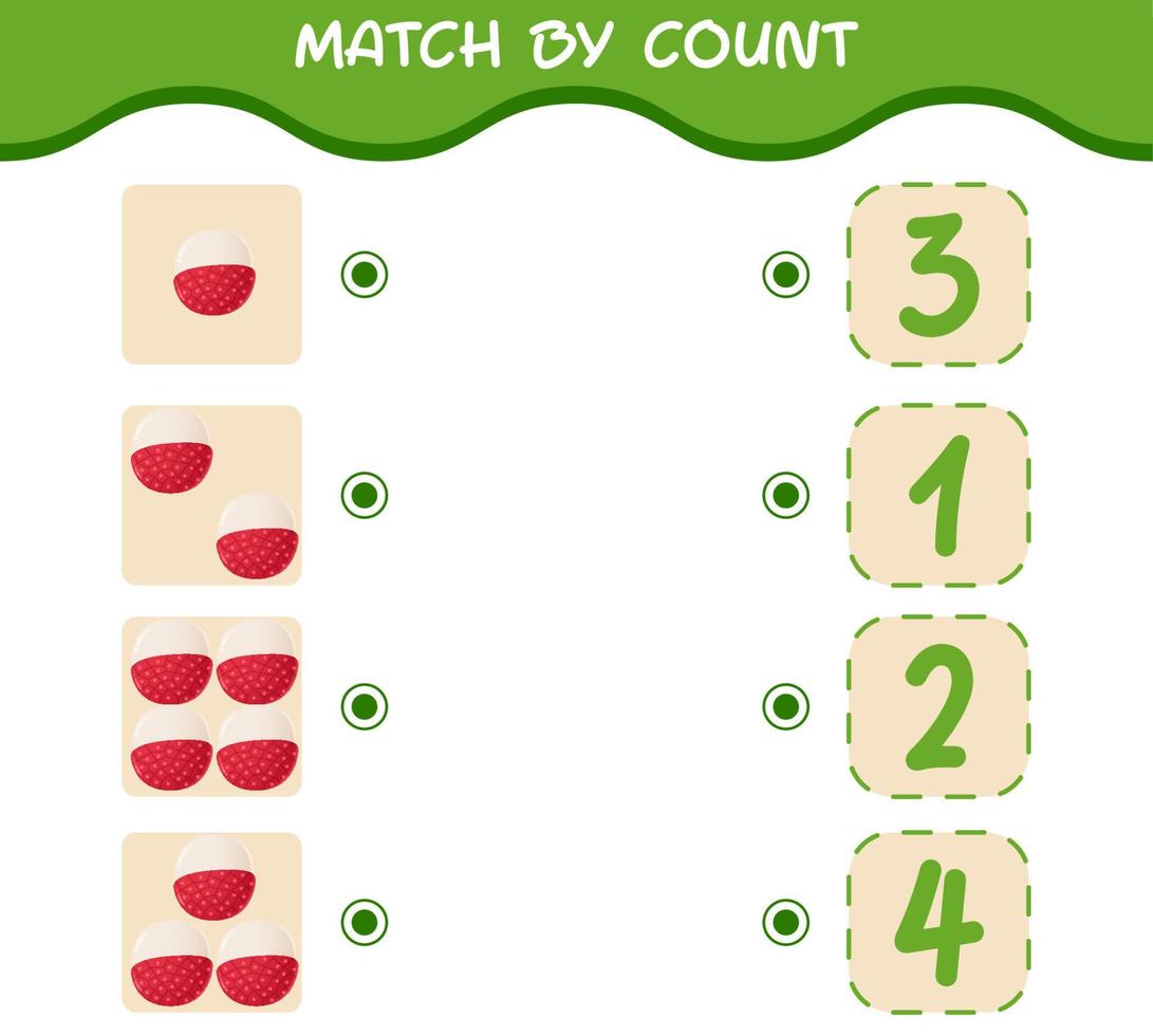 Match by count of cartoon lychees. Match and count game. Educational game for pre shool years kids and toddlers vector