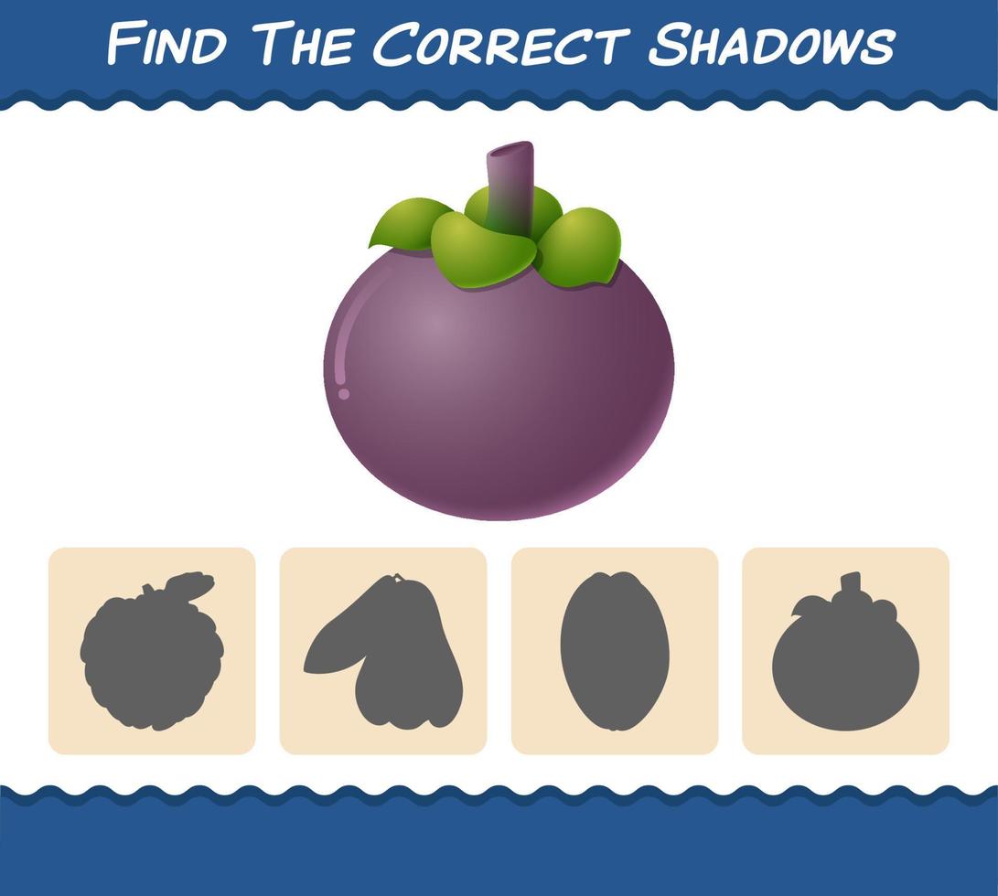 Find the correct shadows of cartoon mangosteens. Searching and Matching game. Educational game for pre shool years kids and toddlers vector