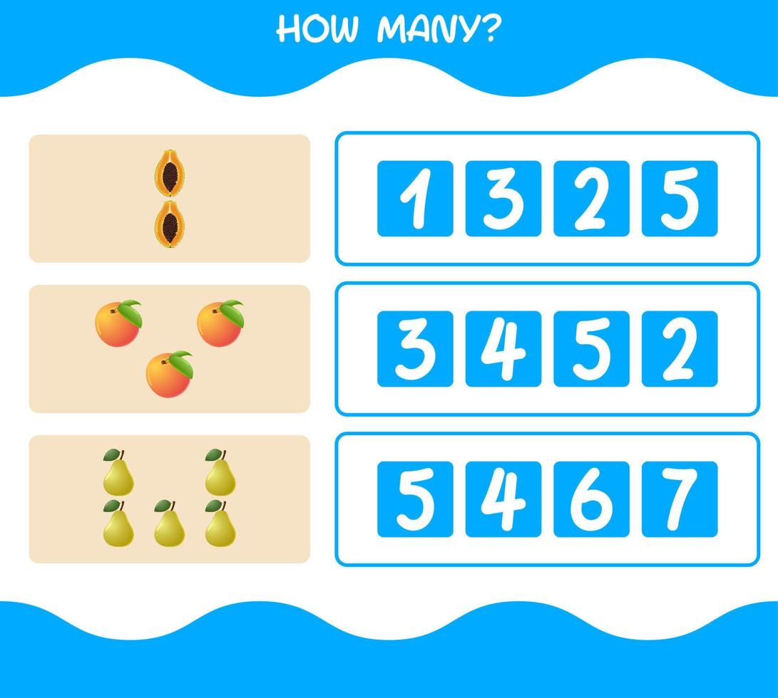 How many cartoon fruits. Counting game. Educational game for pre shool years kids and toddlers vector