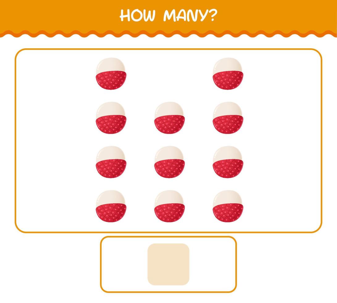 How many cartoon lychee. Counting game. Educational game for pre shool years kids and toddlers vector