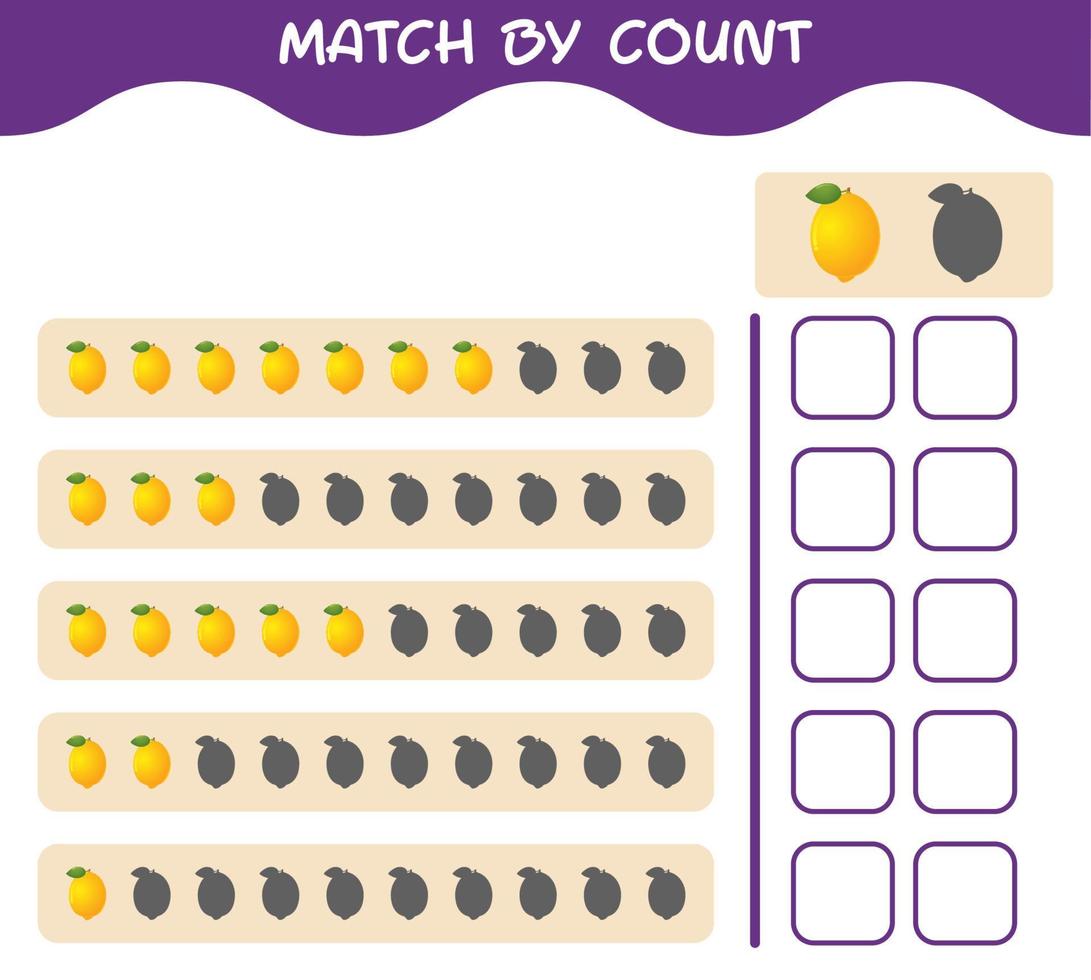 Match by count of cartoon lemon. Match and count game. Educational game for pre shool years kids and toddlers vector