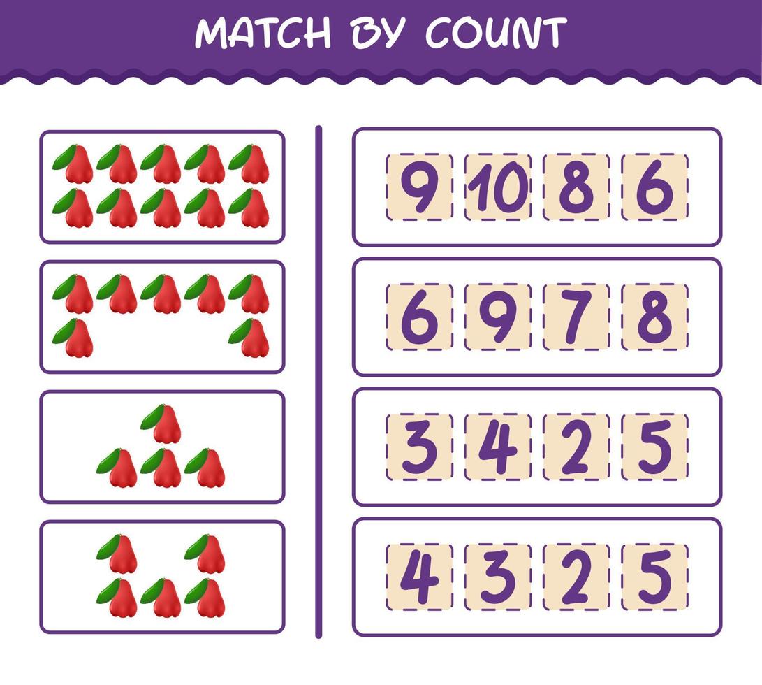 Match by count of cartoon rose apple. Match and count game. Educational game for pre shool years kids and toddlers vector