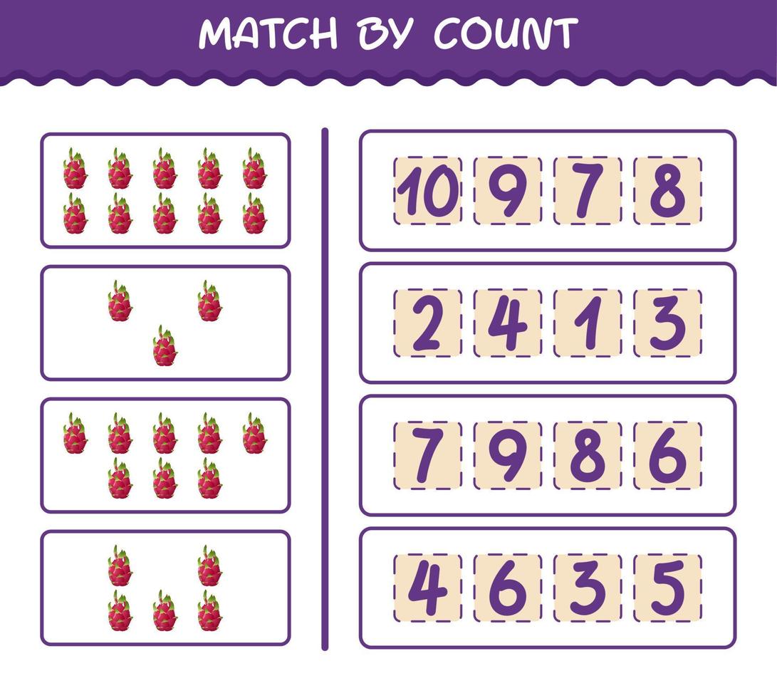 Match by count of cartoon dragon fruit. Match and count game. Educational game for pre shool years kids and toddlers vector