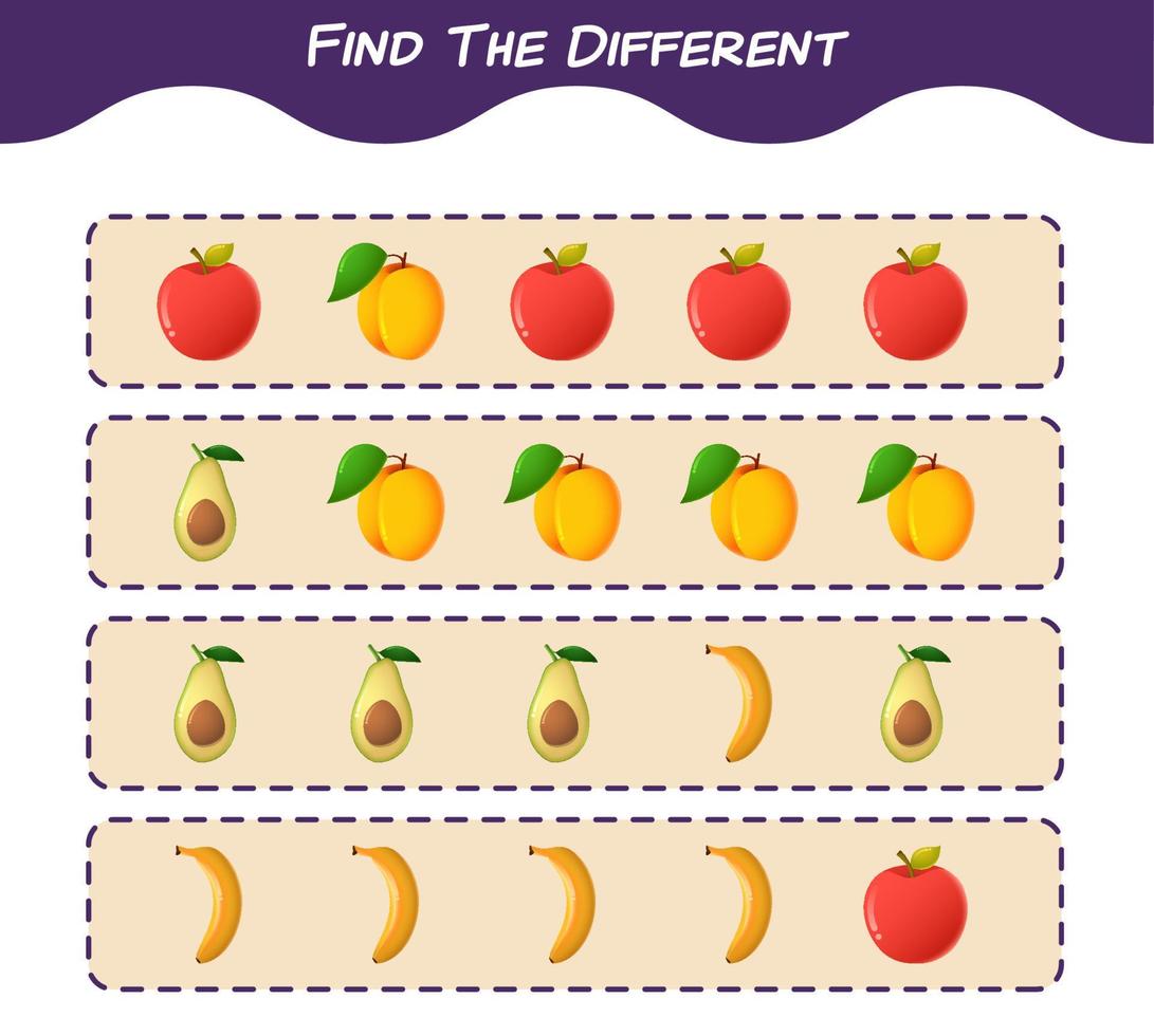 Find the differences between cartoon fruits. Searching game. Educational game for pre shool years kids and toddlers vector